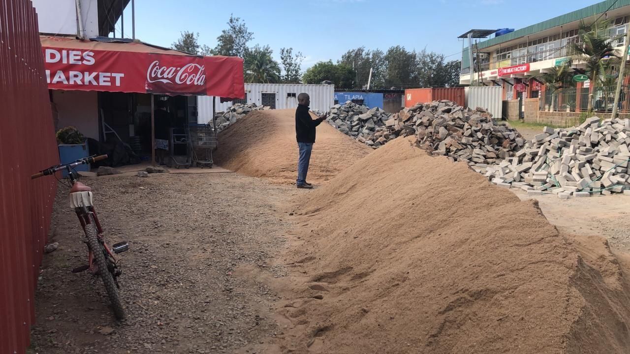 Building materials dumped outside Foodies Supermarket, Karen in an illegal move by a company contracted by Vivo Energy Kenya