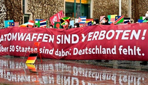 Activists of the International Campaign to Abolish Nuclear Weapons and other peace initiatives staged a protest in Berlin in January.