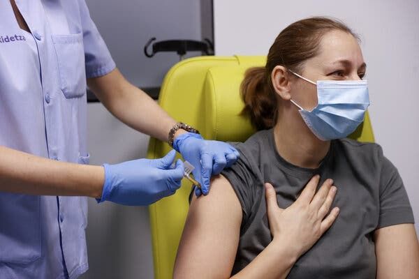 A volunteer receiving the CureVac Covid vaccine during trials in Cruces, Spain, in February.