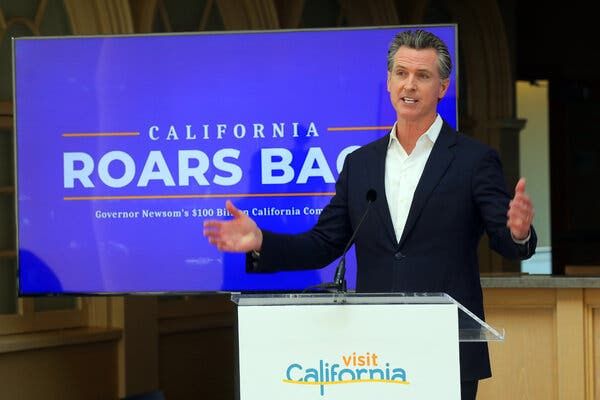 On Monday, Gov. Gavin Newsom addressed the stateâs reopening plan at the Ferry Terminal in San Francisco.