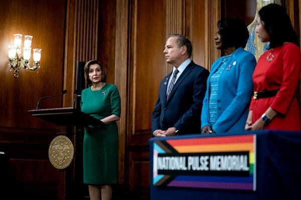 Speaker Nancy Pelosi at the bill enrollment ceremony for the National Pulse Memorial Act at the Capitol on Wednesday.