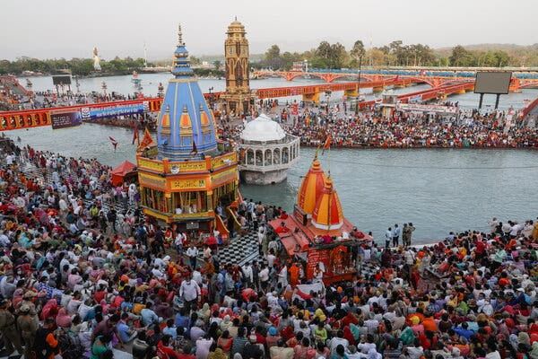 Devotees gathering for the Kumbh Mela festival in Haridwar, India, in April.
