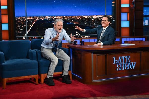 Jon Stewart was a guest on Monday nightâs âThe Late Show With Stephen Colbert.â