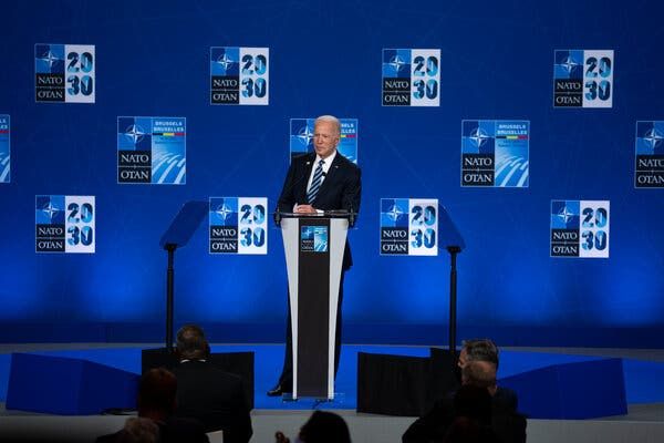 President Joe Biden speaking in Brussels on Monday evening.