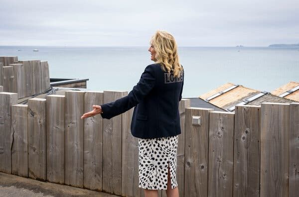 Jill Biden with a jacket that said âloveâ on the back during the Group of 7 summit in Cornwall, England, on Thursday.