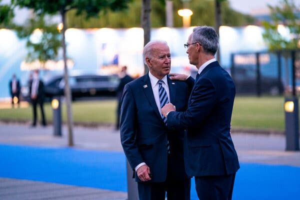 President Joe Biden talked with NATO Secretary Jens Stoltenberg as they visited the 911 Memorial following his press conference at NATO Headquarters in Brussels on Monday.