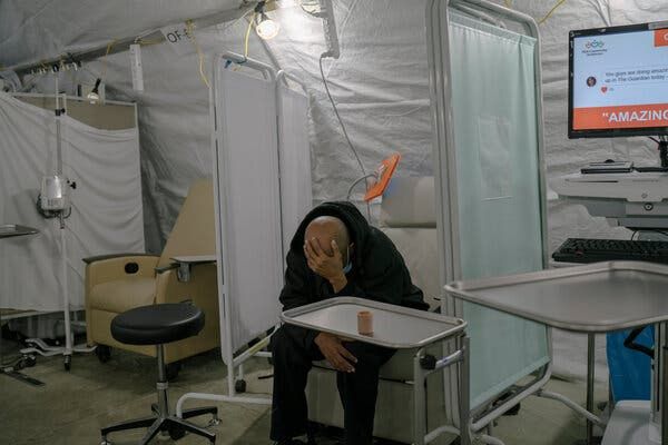 Triage tent in Los Angeles for those with Covid-19 symptoms earlier this year.
