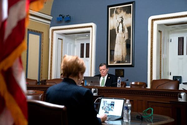 Representative Tom Cole, Republican of Oklahoma, meeting with other members of the Rules Committee via video conference at the Capitol in December.