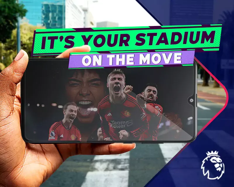 Close-up of hands holding a smartphone displaying a live Premier League football match on screen, illustrating mobile streaming.