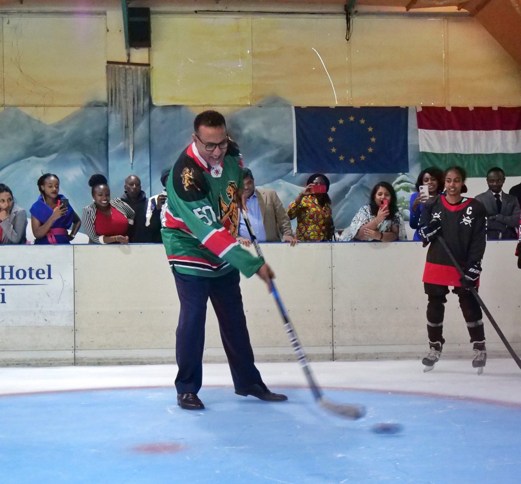 Tourism CS Najib Balala tries his hand at Ice Hockey at the Panari Solar Ice Rink on March 31, 2022.