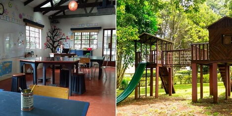 A collage image of a classroom at Woodland Star International (left) and a children's playing ground at the institution (right).