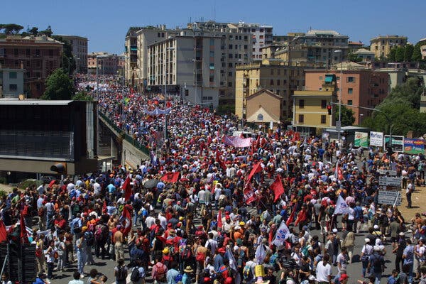Protesters in Genoa, Italy, during the 2001 summit, when the diplomatic gathering was known as the Group of 8 and also included Russia.