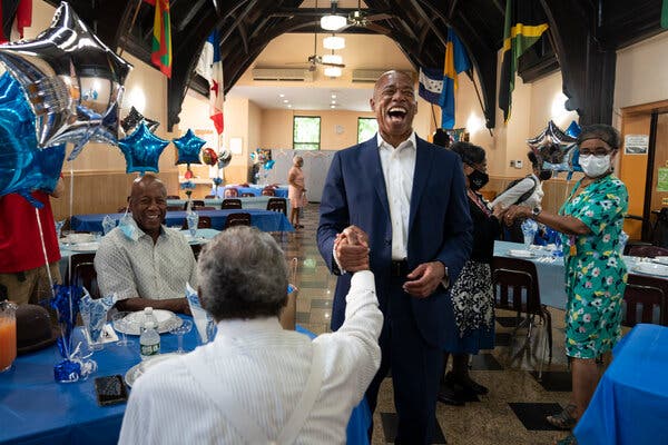 Eric Adams campaigned in a church in Brooklyn on Sunday.
