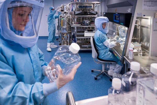 Employees tested the procedures for making the Covid-19 vaccine at a BioNTech facility in Marburg, Germany in March.