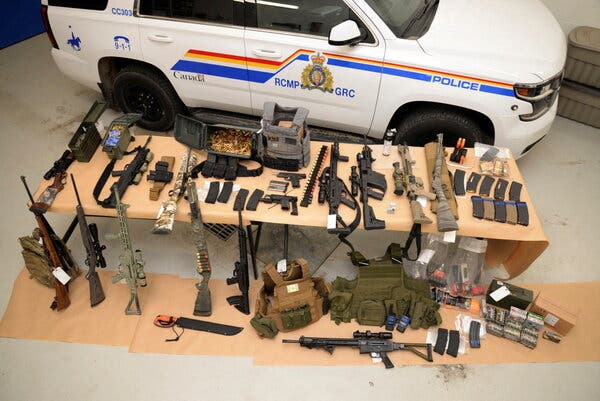 A photo provided by Royal Canadian Mounted Police showing items seized after detentions at the border blockade, in Coutts, Alberta, on Monday.
