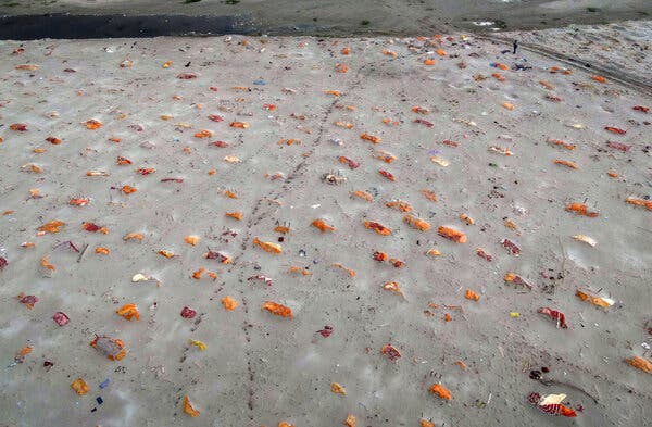 Bodies are seen partially exposed in shallow graves after rains washed away the top layer of sand at a cremation ground on the banks of the Ganges River, last week.