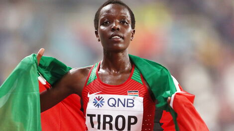 Agnes Tirop celebrates winning bronze in the Women's 10,000m final at the World Athletics Championships in Doha in 2019