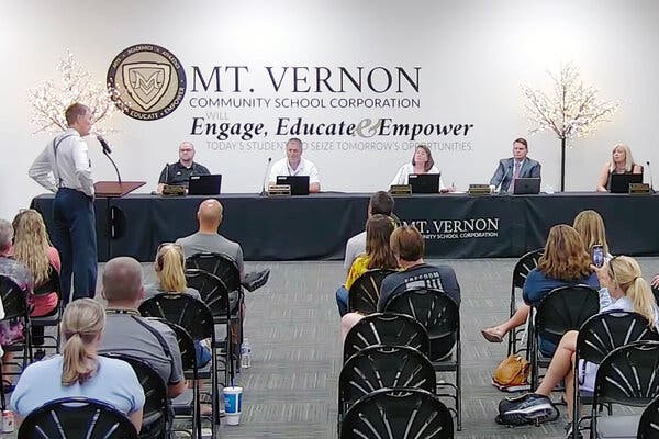 Dr. Daniel Stock speaking at a Mt. Vernon school board meeting in Indiana this month. His appearance has since become one of the most-viewed videos of coronavirus misinformation.
