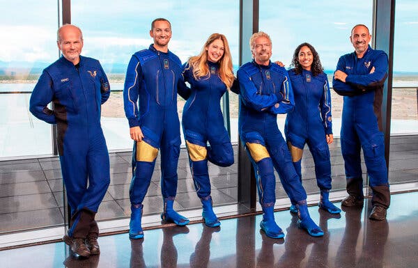 The crew aboard Sunday’s Virgin Galactic flight, from left: Dave Mackay, Colin Bennett, Beth Moses, Richard Branson, Sirisha Bandla and Michael Masucci.