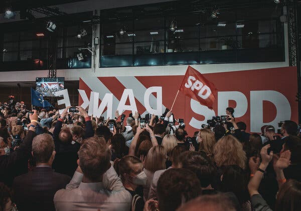 Supporters of the Social Democratic Party cheered as the candidate, Olaf Scholz, took the stage on Sunday in Berlin.