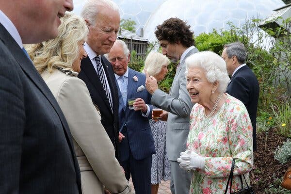 President Biden and his wife, Jill Biden, with Queen Elizabeth II in Cornwall on Friday.
