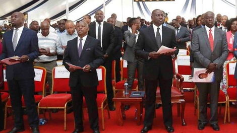 From left: Elgeyo Marakwet Senator Kipchumba Murkomen, Nyeri Governor Mutahi Kahiga, DP William Ruto and Mathira MP Rigathi Gachagua during the burial of the MP's mother in January 2020. 