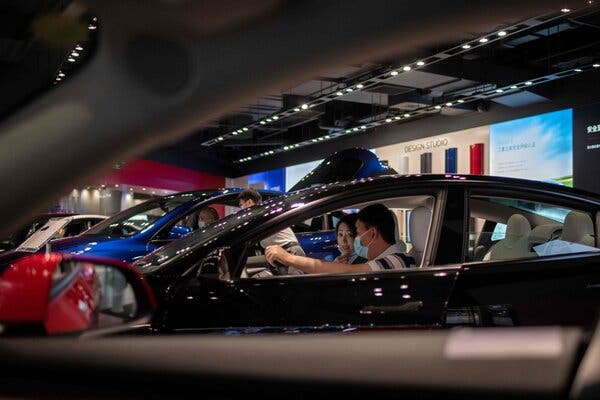 A Tesla showroom in Beijing. Sales of the company’s China-made cars jumped last month.