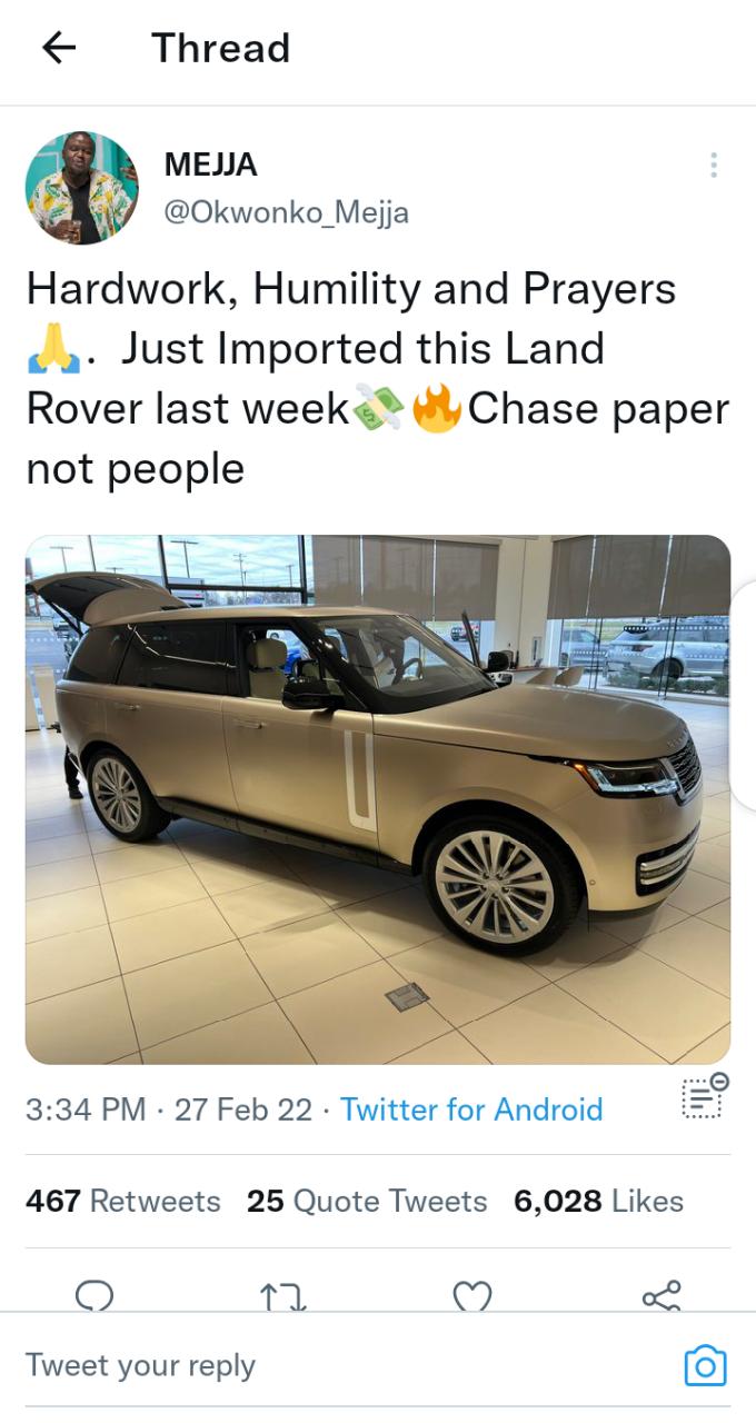 'Chase Paper, Not People'- Mejja Gifts Himself A Brand New Range Rover