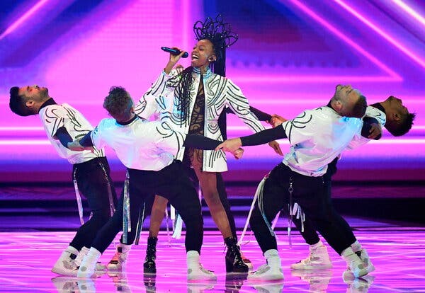 Eden Alene of Israel performing in the Eurovision Song Contest Final dress rehearsal.