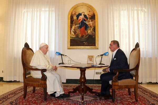 Pope Francis during an interview in Vatican City with the journalist Carlos Herrera of the Spanish radio network COPE.