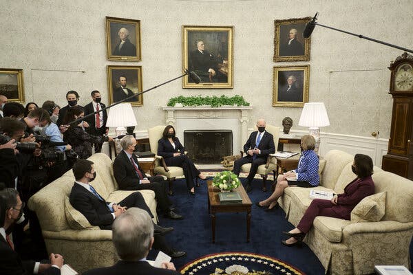 President Biden and Vice President Kamala Harris meeting with Republican senators and cabinet members this month to discuss the administration’s infrastructure plan.