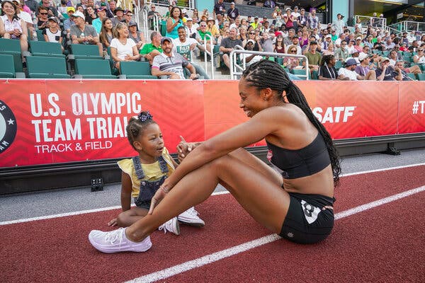 Allyson Felix celebrated with her daughter after qualifying for the Olympics in the 400 by placing second on Sunday.
