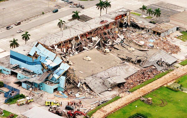 The Biscayne Kennel Club in Miami Shores, Fla., after it collapsed in 1997. A city inspector there later became the chief building official of Surfside, Fla.