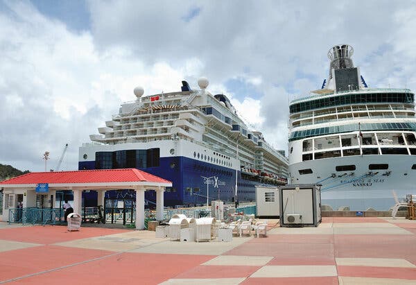 The Celebrity Millennium, left, docked on the island of St. Maarten, last week.