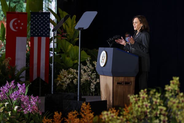 Vice President Kamala Harris delivering a speech at Gardens by the Bay in Singapore on Tuesday.