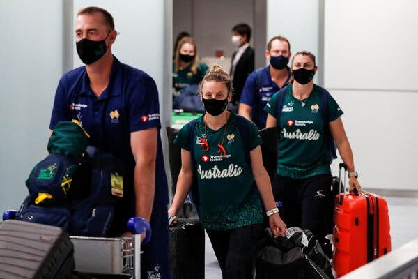 Members of Australia’s Olympic softball team arriving at Narita International Airport in Japan on Tuesday.