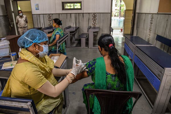 A vaccination center in New Delhi in May. The Delta variant was first identified in India and has reached at least 85 countries.