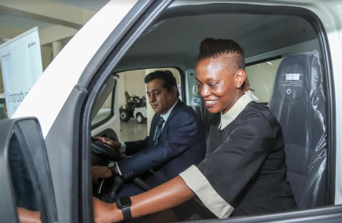 Esther Waititu (right) KCB Bank Director Corporate Banking being show features inside the TATA pickup with Kamal Rohira(left) Head of Auto-Business TATA Africa. This was at TATA Africa offices Nairobi County