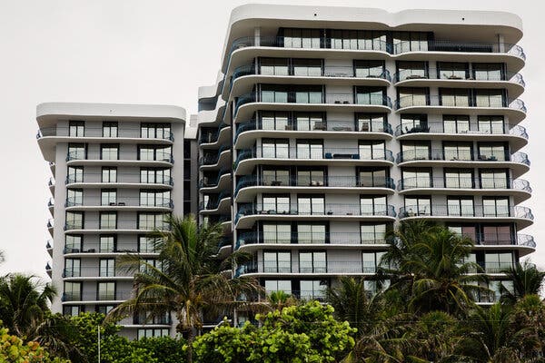 Champlain Towers North, a sister condominium building to Champlain Towers South, which partially collapsed in Surfside, Fla., early Thursday.