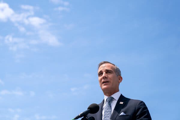 Mayor of Los Angeles Eric Garcetti in Washington in May. Mr. Garcetti agreed to cut $150 million from the police budget.