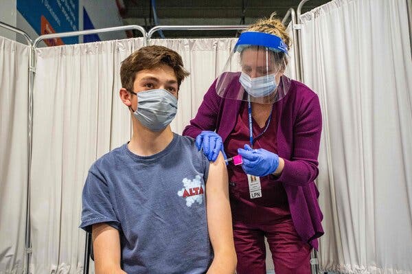 Thomas Gregory, 16, received a dose of the Pfizer coronavirus vaccine in Worcester, Mass., in April.