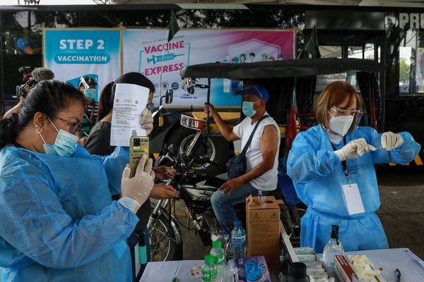 A vaccination point in Manila on Tuesday. The Philippines is struggling to tamp down one of Southeast Asia’s worst Covid-19 outbreaks.