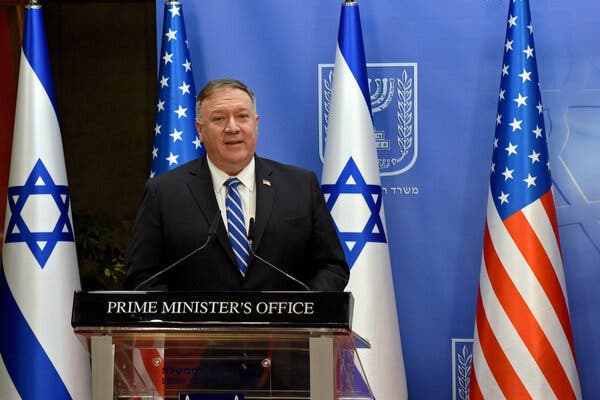 Secretary of State Mike Pompeo on Monday in Jerusalem with Prime Minister Benjamin Netanyahu of Israel. Mr. Pompeo will make a speech at the Republican National Convention from Israel.