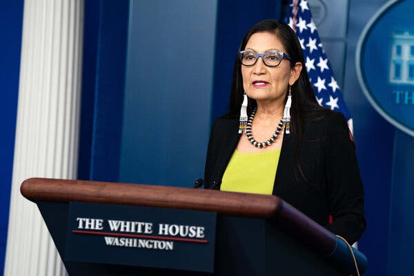Interior Secretary Deb Haaland at a White House news conference in April.