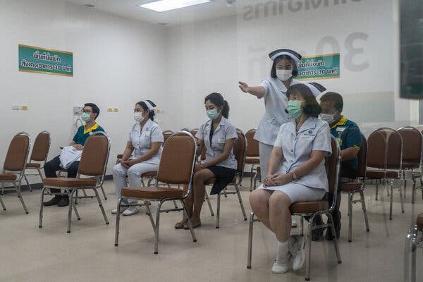 Health workers were monitored after receiving a Sinovac vaccine at a hospital in Bangkok in March. Thailand is the latest government to indicate doubts about the immunity provided by the Chinese company’s shots.