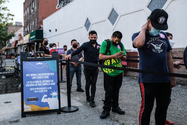 A line for Covid vaccinations last month in Corona, Queens, one of the New York neighborhoods that were hit earliest and hardest in the country at the start of the pandemic.