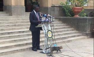Chief Justice David Maraga during a press briefing as a cat passes by on June 8, 2020.