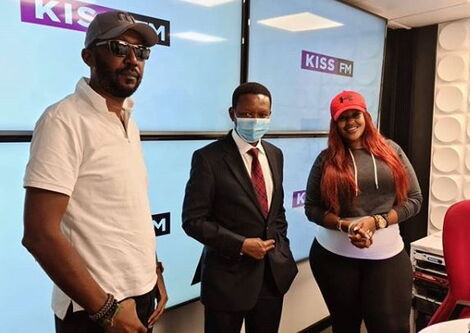 Radio presenters Andrew Kibe (Left) and Kamene Goro (right) with Machakos Governor Alfred Mutua on May 22, 2020.