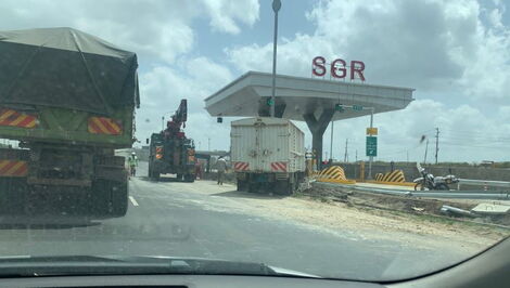 A lorry swerves into a pole along the SGR exit of the Nairobi Expressway on Sunday, May 29, 2022.