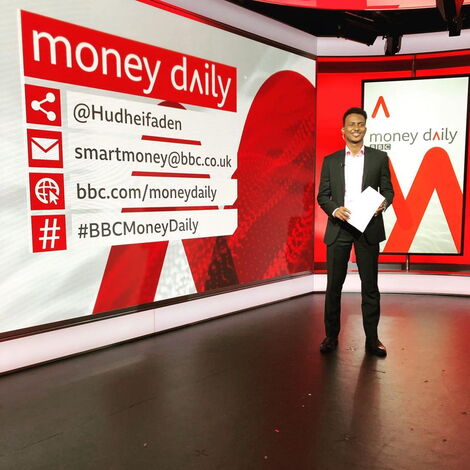 Business news anchor Hudheifa Aden at the BBC studious on October 2020.